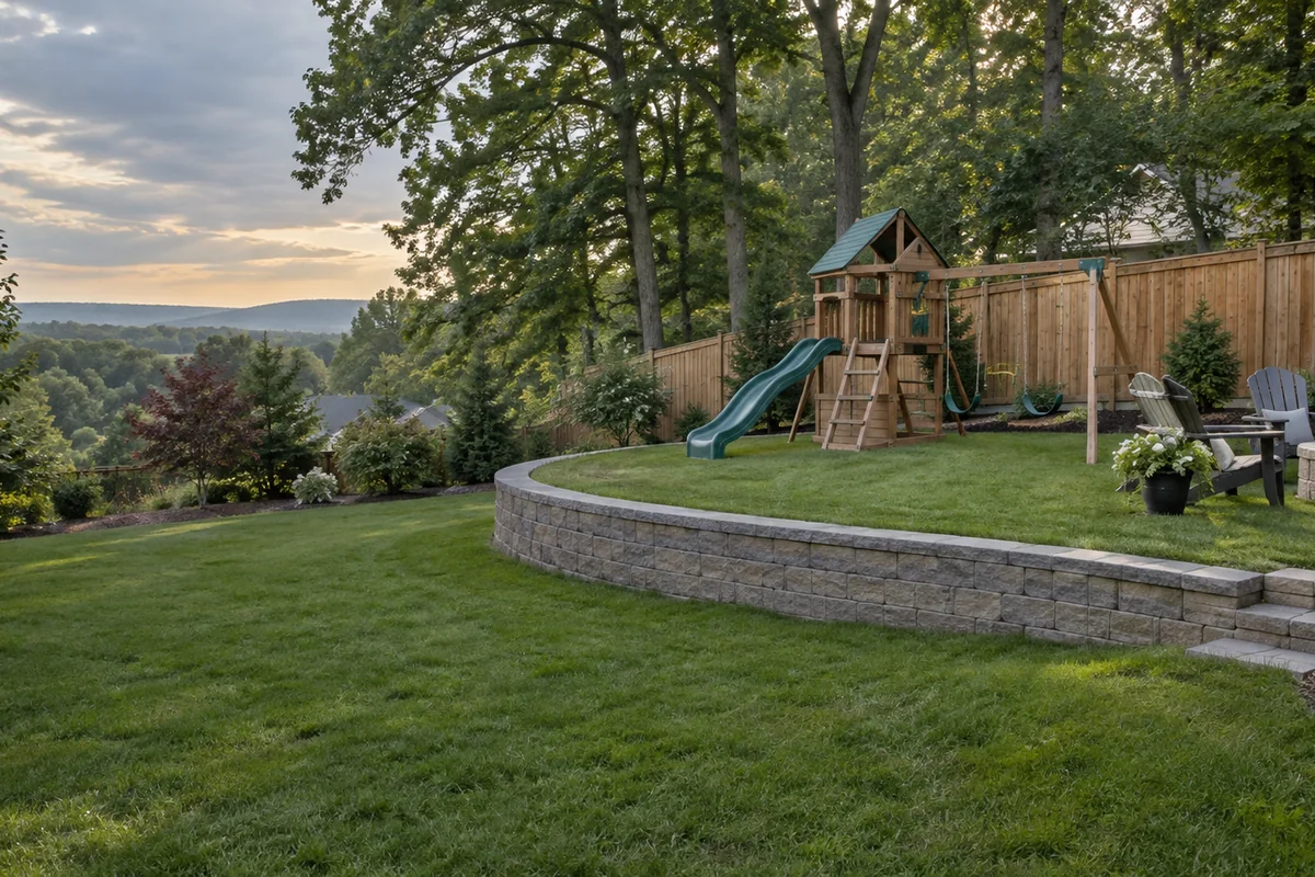 A level backyard lawn created by a low curved retaining wall, a swing set and patio chairs on the new flat ground, wooden privacy fence behind.