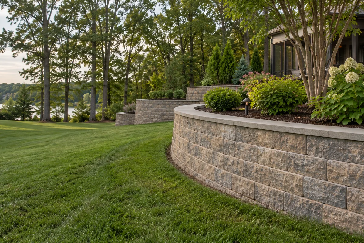 A crisp split-face segmental block retaining wall in blended gray and tan with smooth caps, gently curving along a landscaped yard.