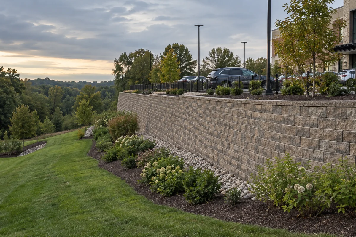 A long engineered segmental block retaining wall along a new commercial development, parking lot above and landscaped slope below.