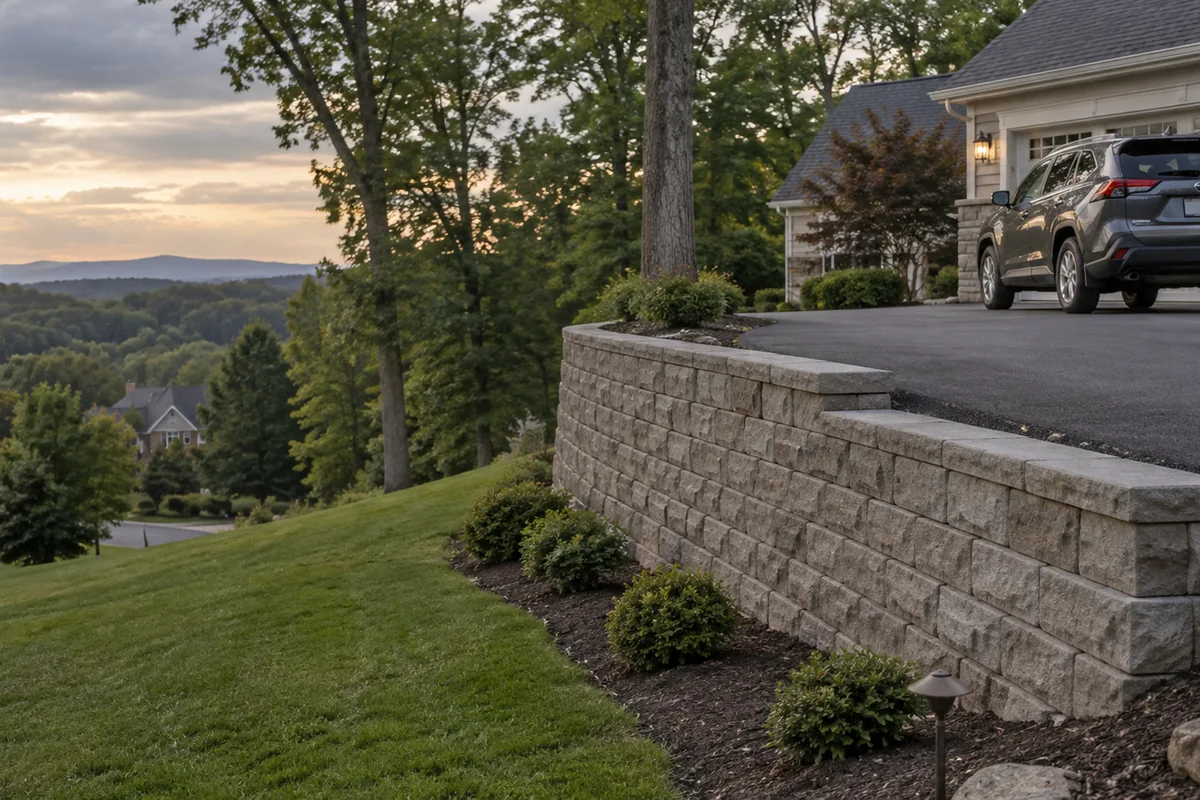 A segmental block retaining wall supporting the edge of a sloped asphalt residential driveway with a car parked safely at the top.
