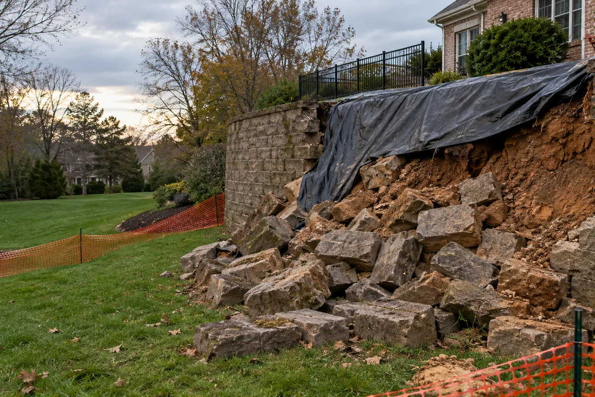 A section of collapsed retaining wall with blocks tumbled onto a lawn, orange safety fencing around the area and a tarp over the exposed soil slope.