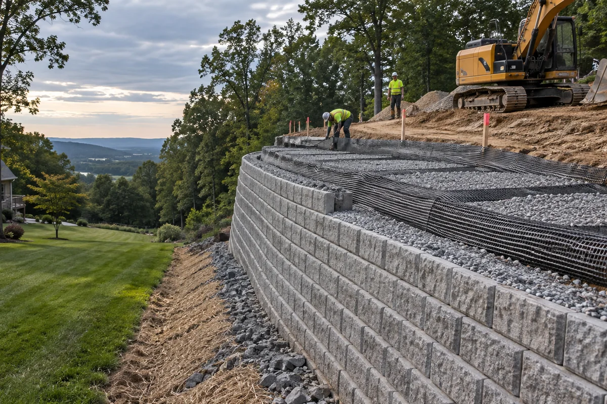A tall reinforced retaining wall under construction with layers of geogrid reinforcement laid back into compacted fill, survey stakes along the top.