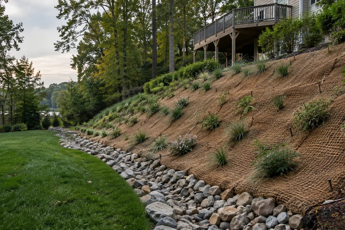 A steep eroding backyard slope being stabilized with brown coir erosion control matting pinned in rows, young plugs of groundcover planted through it, a stone-lined swale at the bottom.