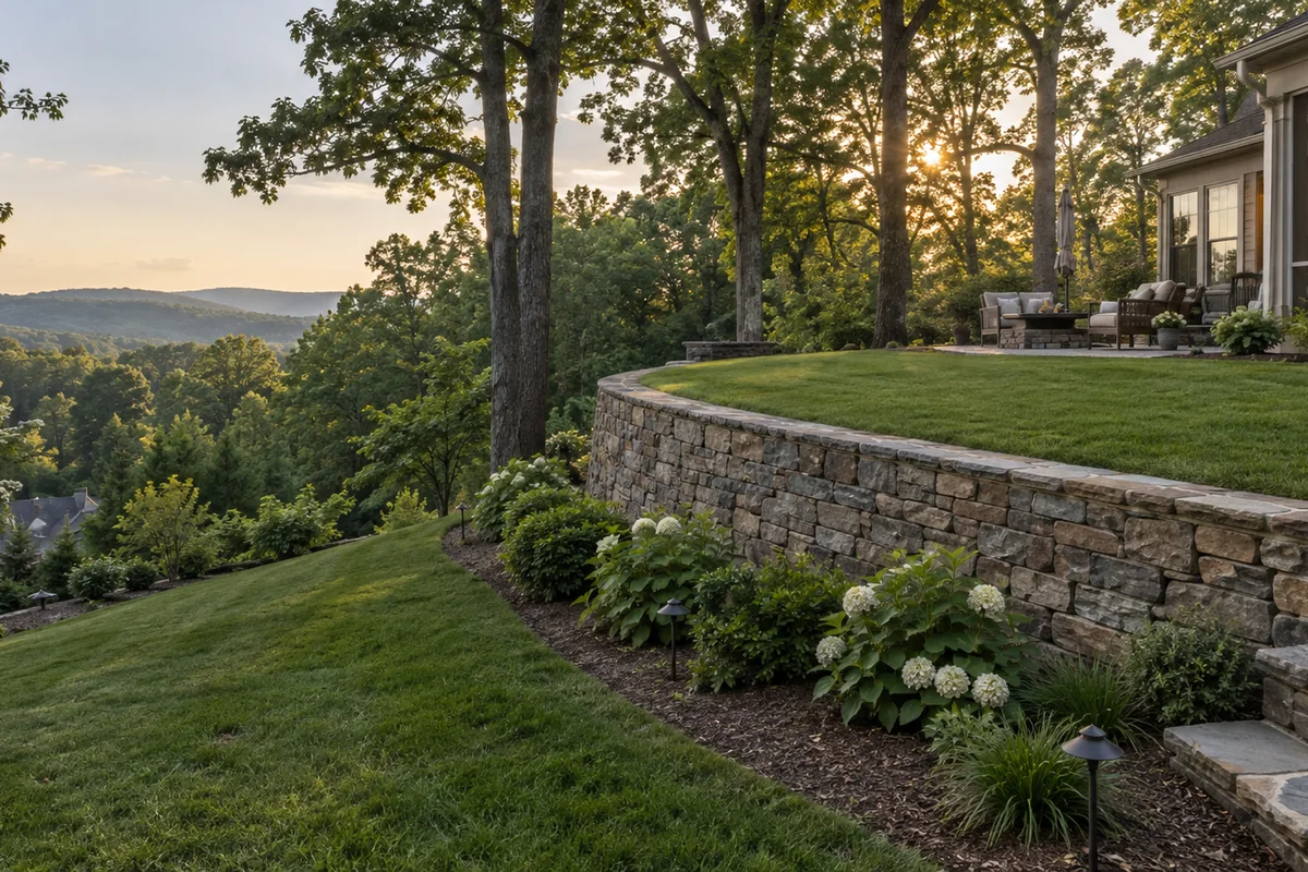 A steep hillside backyard transformed with a retaining wall creating a level lawn terrace above and a gentle slope below, mature oaks on the hill.