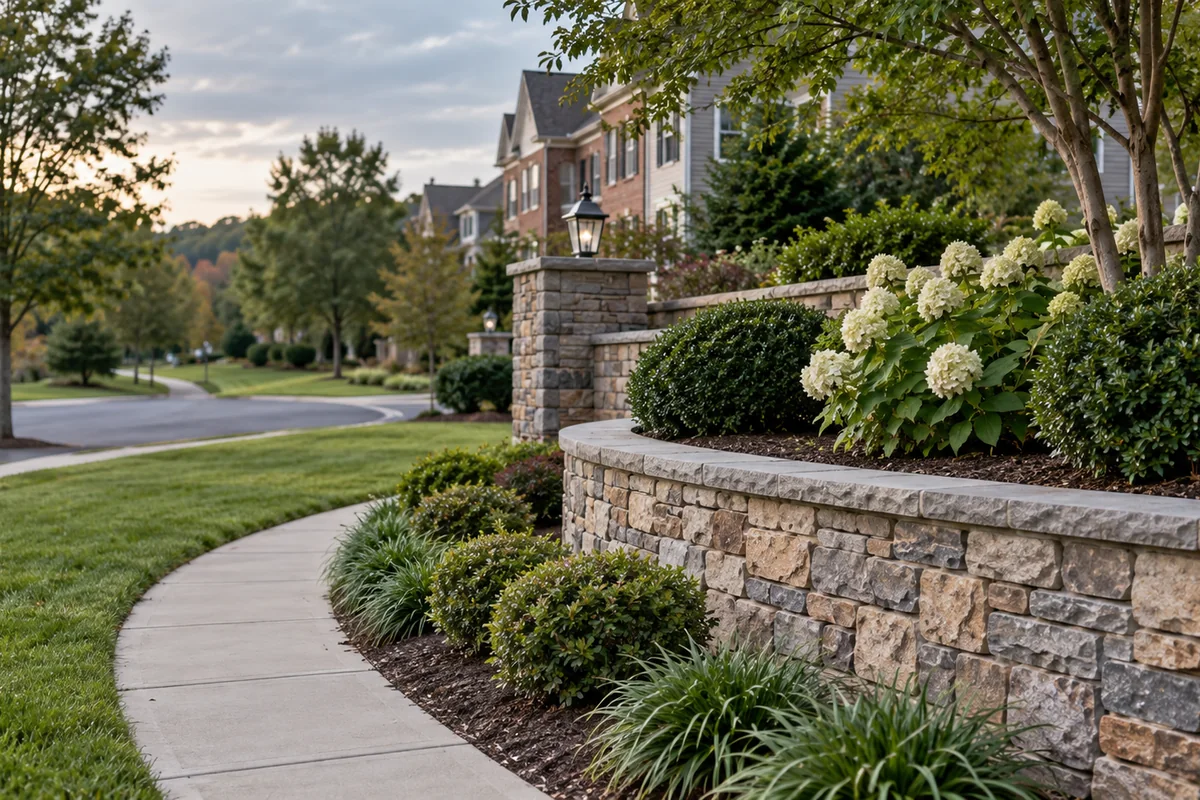 A well-kept retaining wall lining the landscaped entrance of a residential community, neat shrubs, sidewalk and townhomes blurred behind.