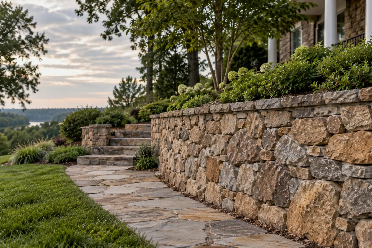 A hand-laid natural fieldstone retaining wall in warm browns and grays with tight joints and a flat stone cap beside a garden path.