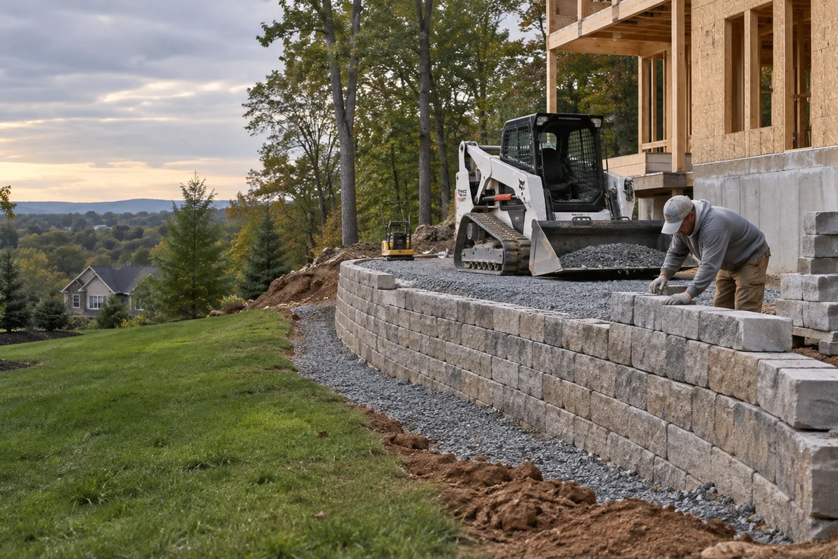 A new retaining wall being built beside a house under construction, framing visible, compacted gravel base, grading equipment nearby.
