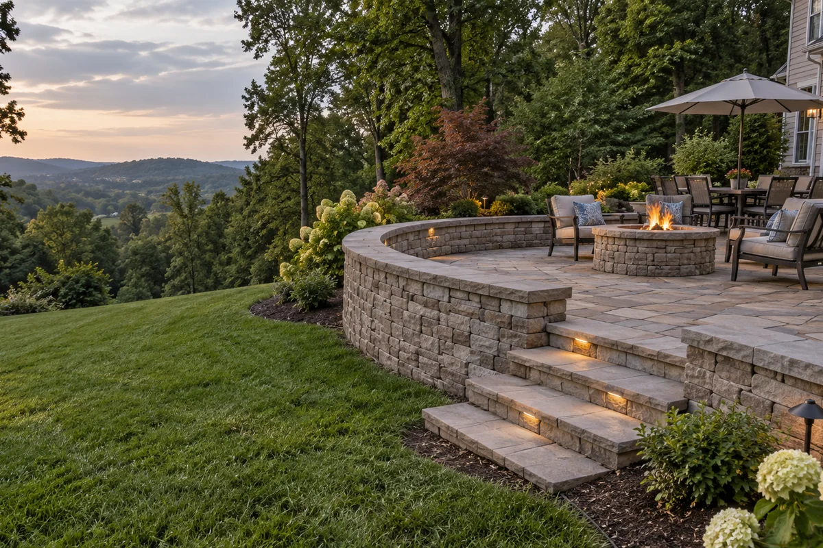 A paver patio on a sloped lot held level by a curved retaining wall with integrated seat wall and steps down to the lawn.