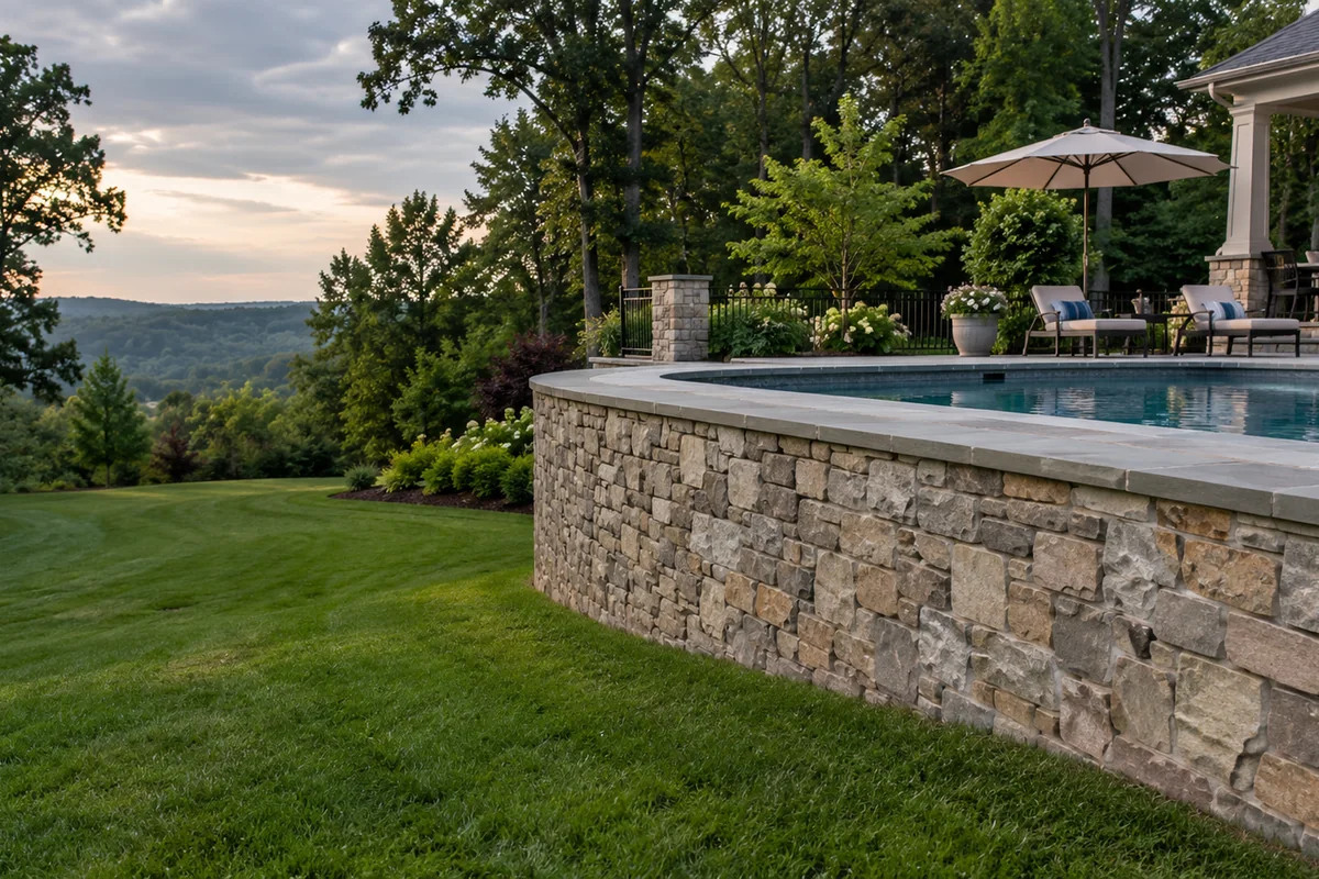 A retaining wall on the downhill side of an in-ground swimming pool supporting the pool deck, stone cap matching the pool coping, lush lawn below.