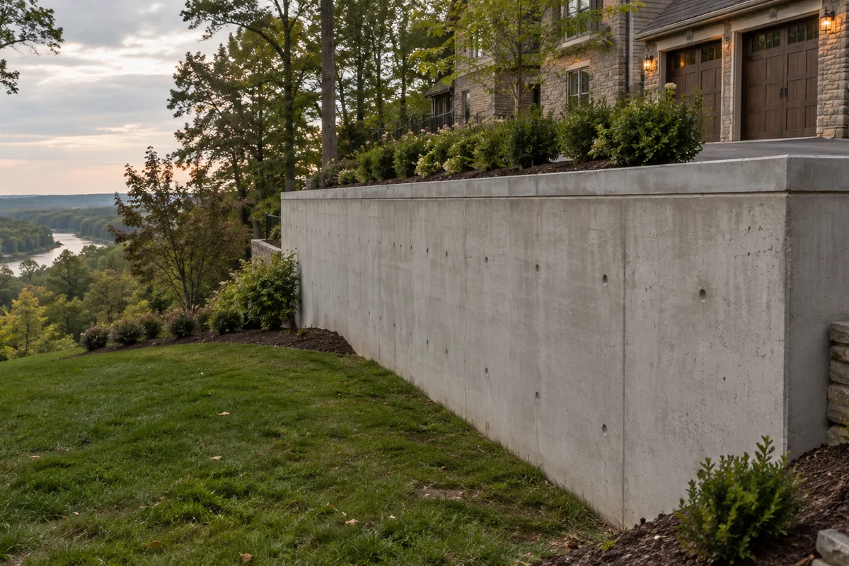 A smooth poured concrete retaining wall with form tie marks and a clean cap edge supporting a driveway above on a sloped residential lot.