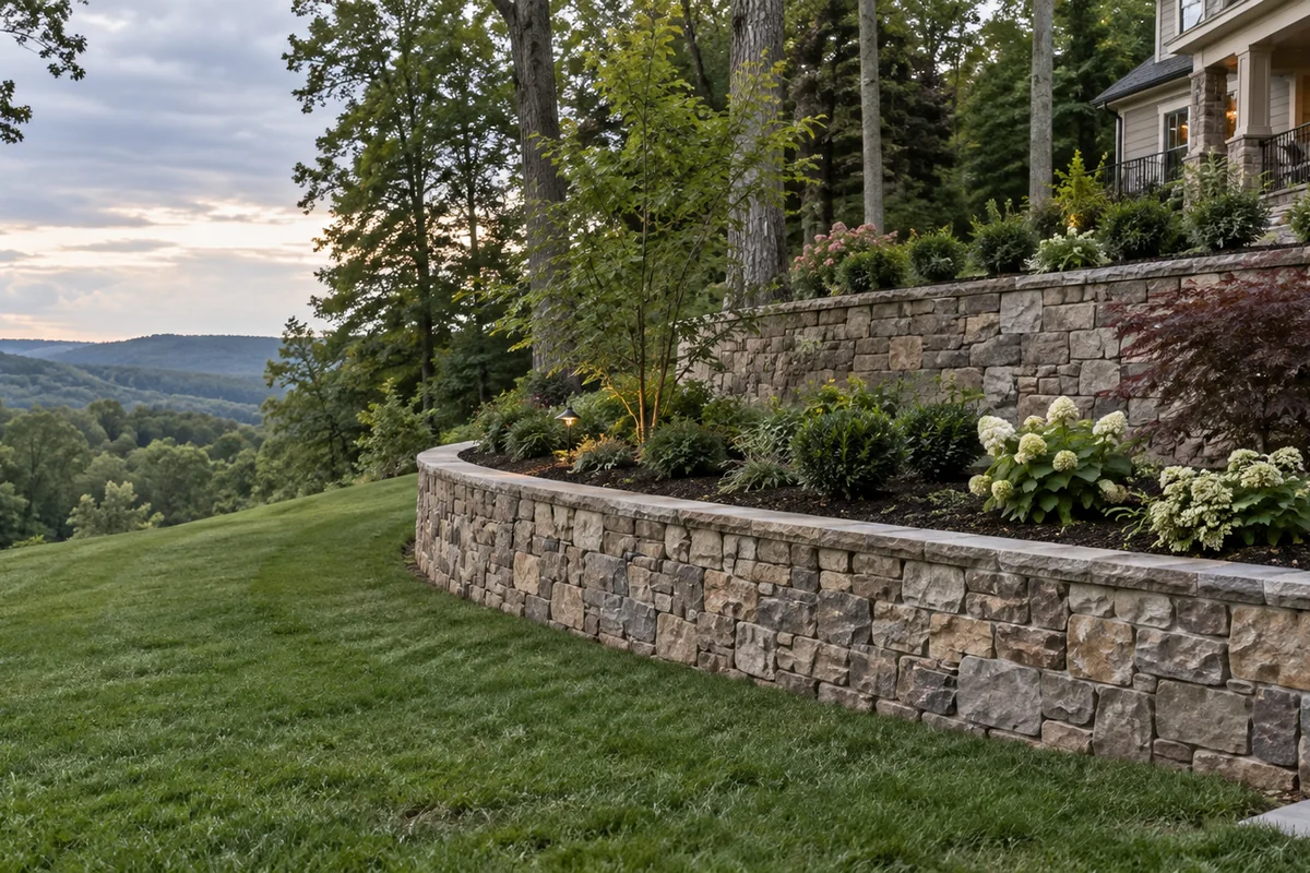 A wide view of a finished two-tier stone-faced retaining wall with planted terraces on a wooded Central Virginia slope.