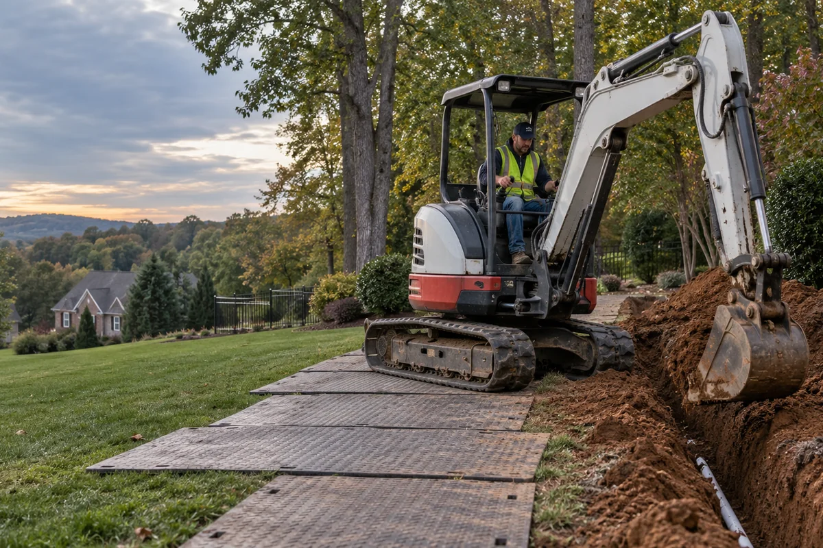 A compact tracked excavator digging a neat trench in a residential side yard, ground protection mats laid across the lawn.