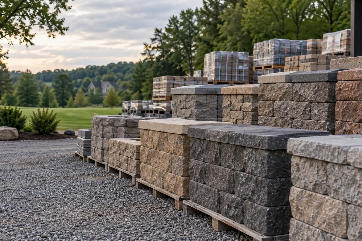 Neatly arranged rows of different retaining wall blocks and caps displayed outdoors at a hardscape supply yard, varied colors and split-face textures, pallets in soft focus behind.