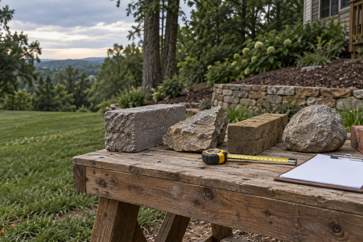 A side-by-side arrangement of retaining wall material samples on a wooden workbench outdoors: a segmental concrete block, a piece of natural fieldstone, a timber offcut, a small boulder and a brick, with a tape measure and a clipboard with blank paper, a sloped yard blurred behind.