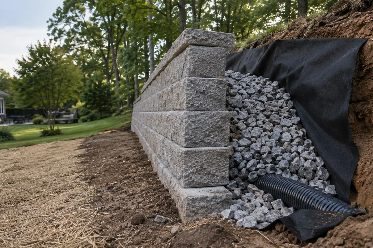 A cutaway view of the ground behind a retaining wall under construction showing clean angular drainage stone, black filter fabric and a perforated drain pipe at the base.