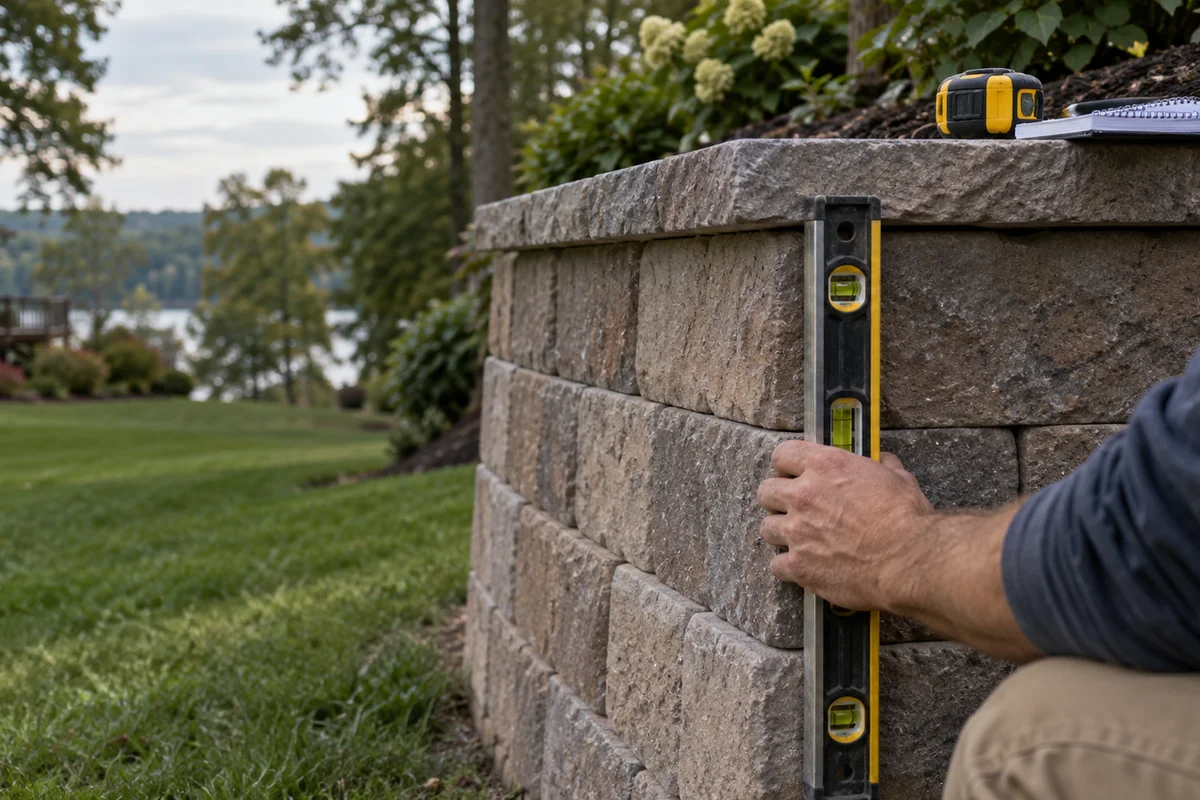 A hand holding a torpedo level against the face of an existing block retaining wall, a tape measure and notebook resting on the cap, soft focus lawn behind.