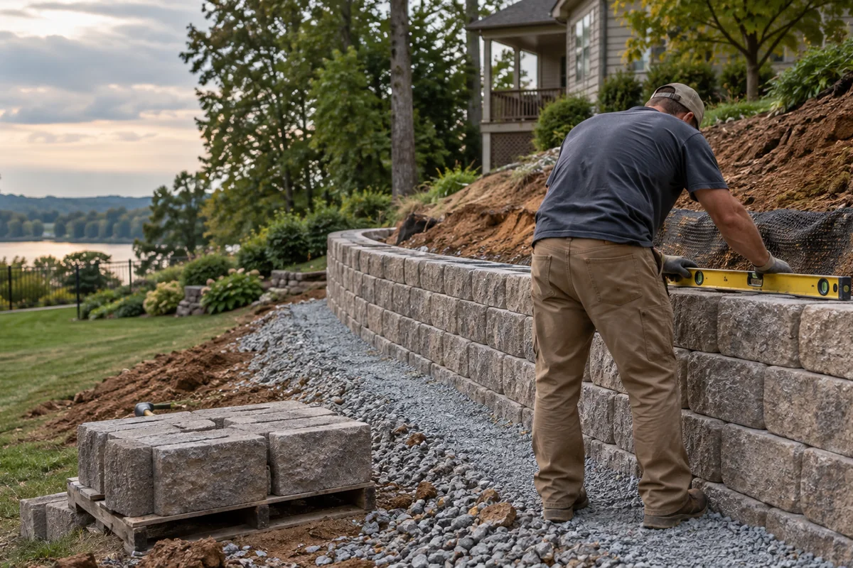 A crew member seen from behind leveling a course of segmental block on a compacted gravel base, a new retaining wall rising along a sloped backyard.