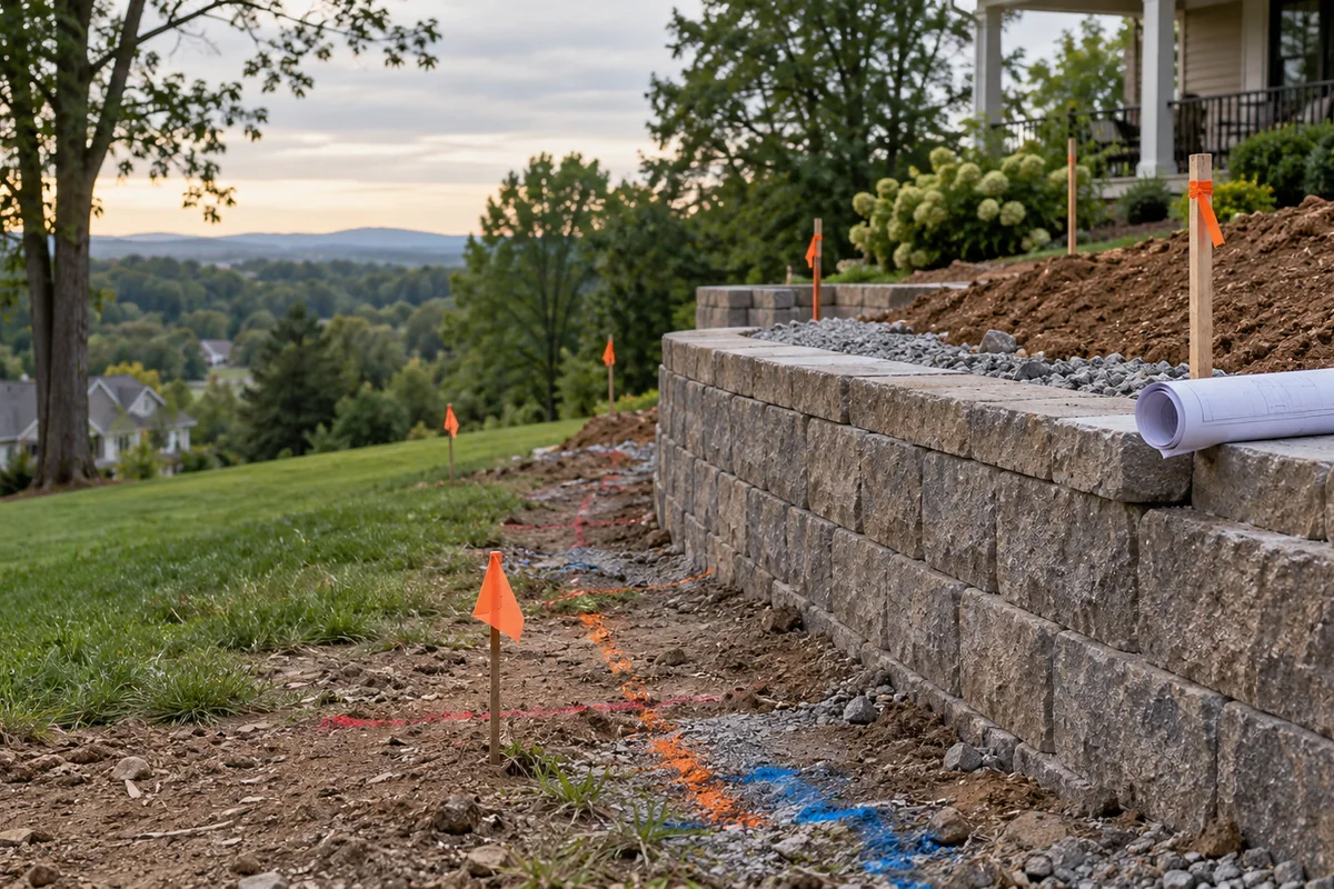 A partially built retaining wall with survey stakes, orange marking flags and colored utility paint marks on the ground in front, a rolled set of blank construction plans resting on the cap course.