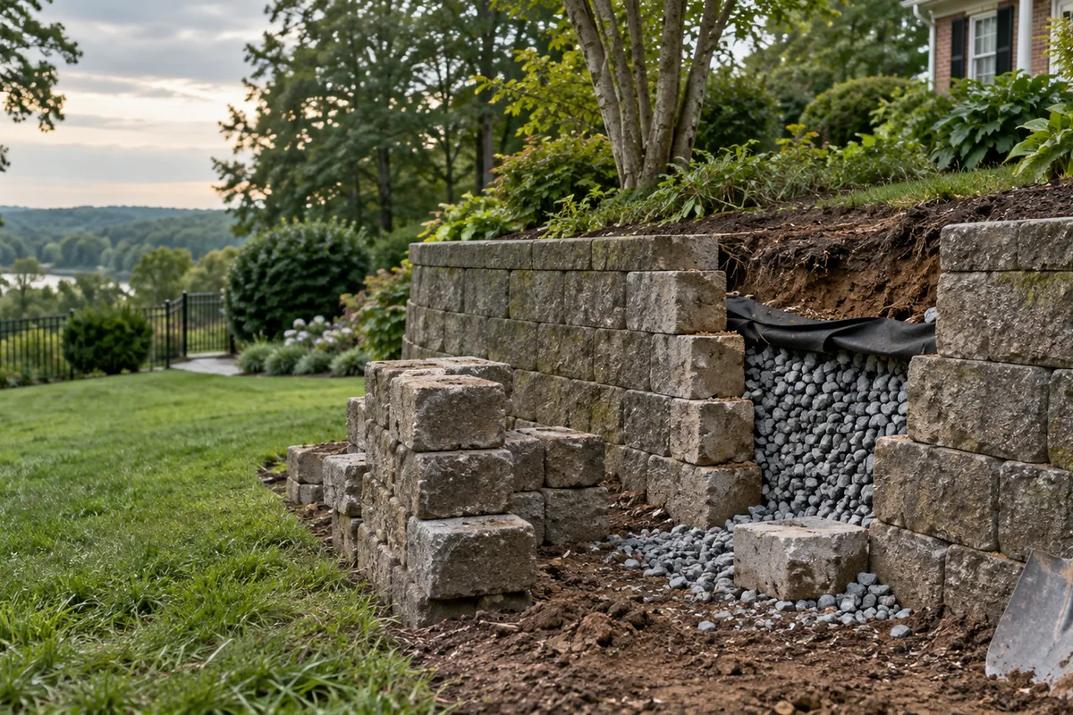 An older block retaining wall with one section carefully dismantled for repair, blocks stacked neatly beside it, drainage gravel visible behind the opening.
