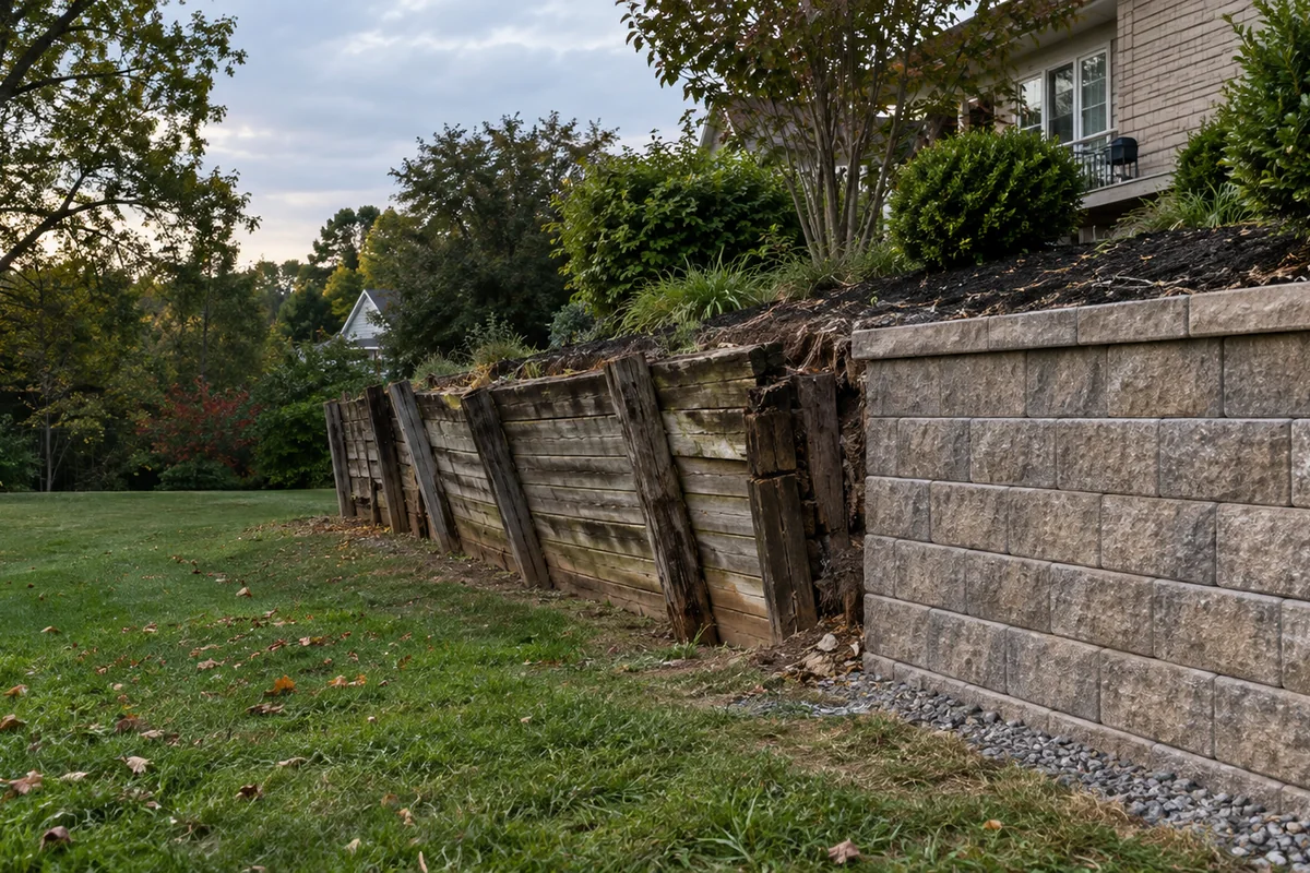 A failing leaning timber retaining wall on the left of the frame beside a newly built straight segmental block wall on the right continuing the same line.