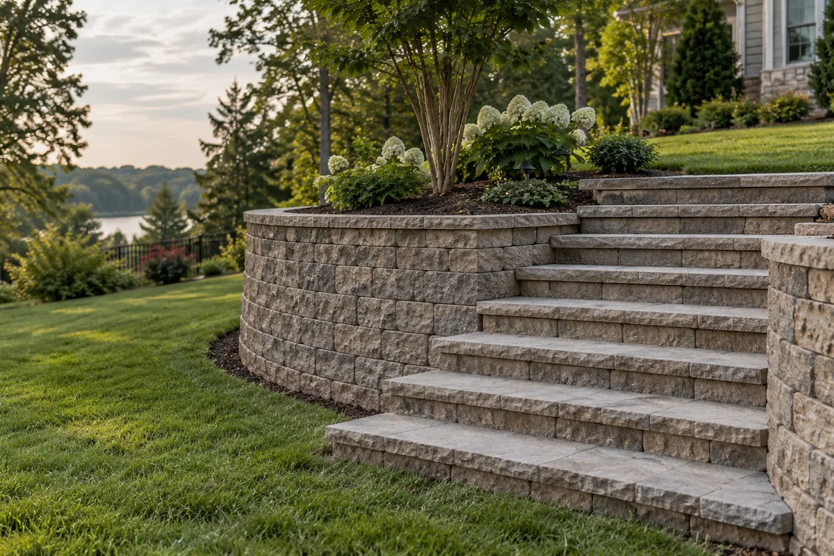 A flight of wide block steps built into a curved segmental retaining wall, even risers, stone treads, leading up to a level lawn.
