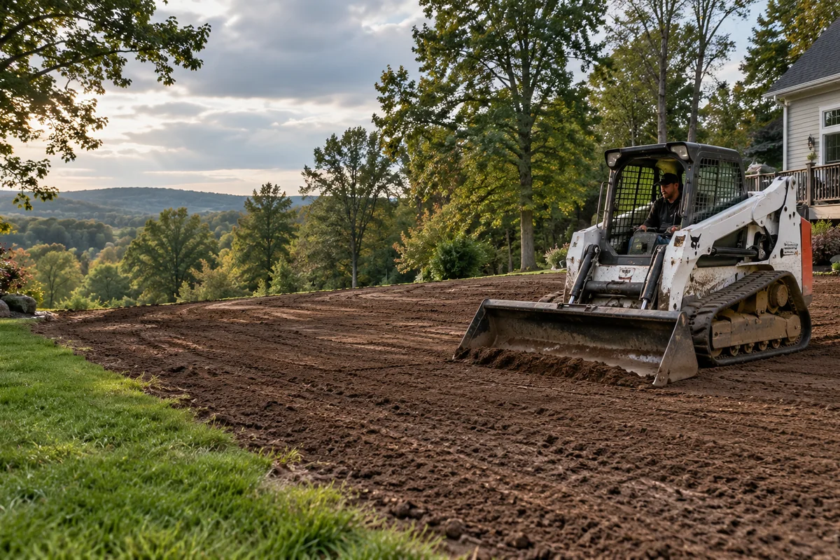 A skid steer grading a smooth freshly leveled backyard sloping gently away from a house, topsoil raked and ready for seed.