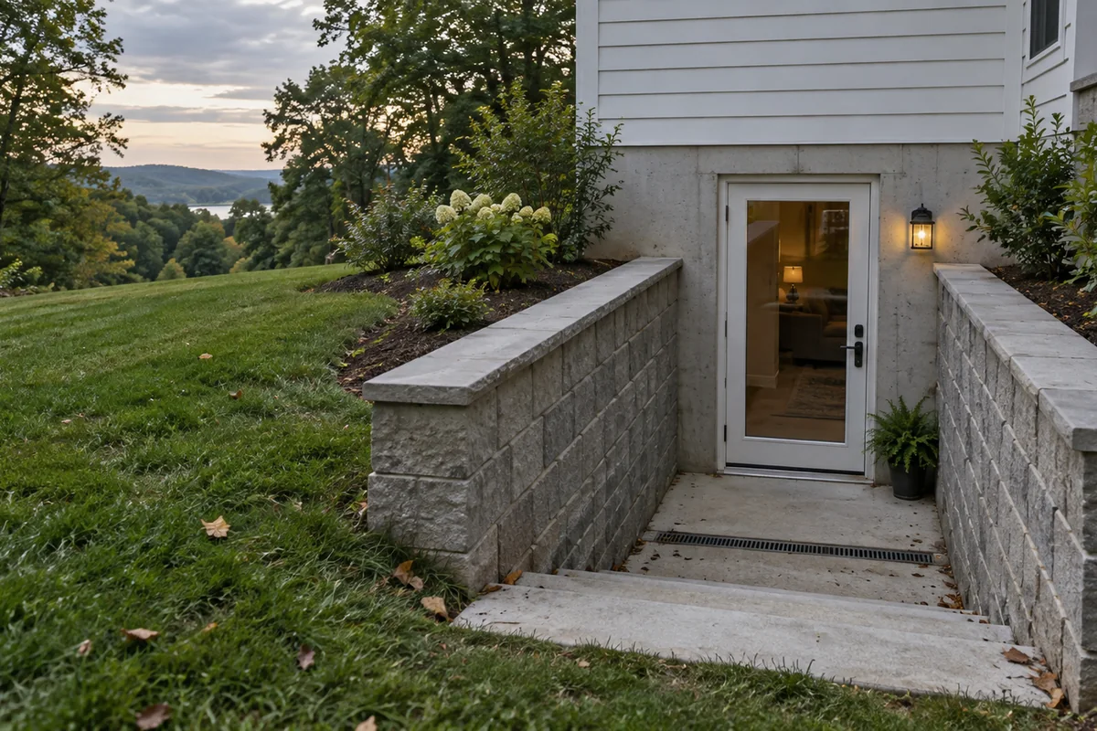 A walkout basement entrance framed by two concrete block retaining walls stepping down to a glass door, a landing with a drain grate.