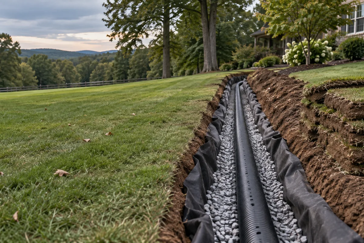 An open French drain trench across a lawn with washed gravel, filter fabric and a perforated pipe, neatly cut sod stacked beside it.