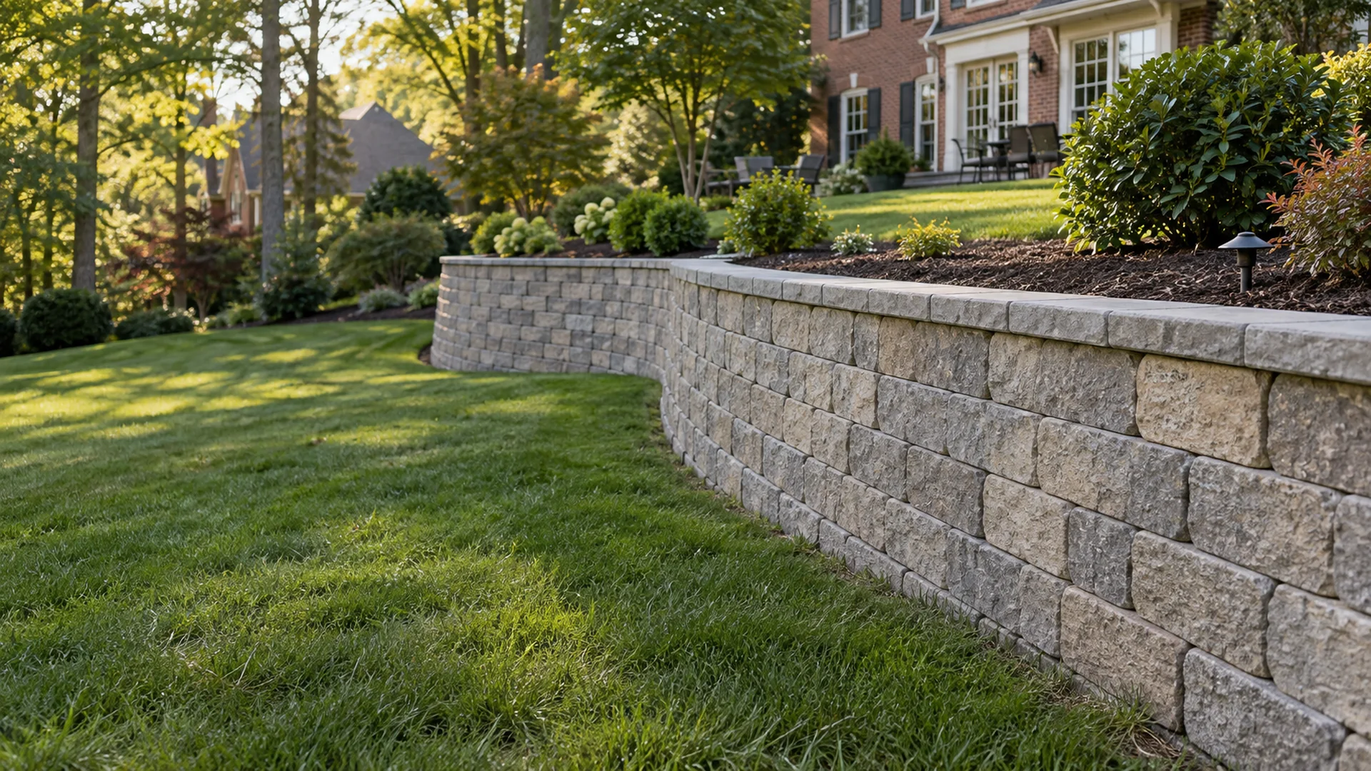 A newly built gray-and-tan segmental block retaining wall with a clean cap course, curving across a sloped backyard in a Richmond, Virginia suburb, holding a level lawn above, fresh mulch beds with shrubs along the top, a brick colonial-style house softly out of focus in the background.